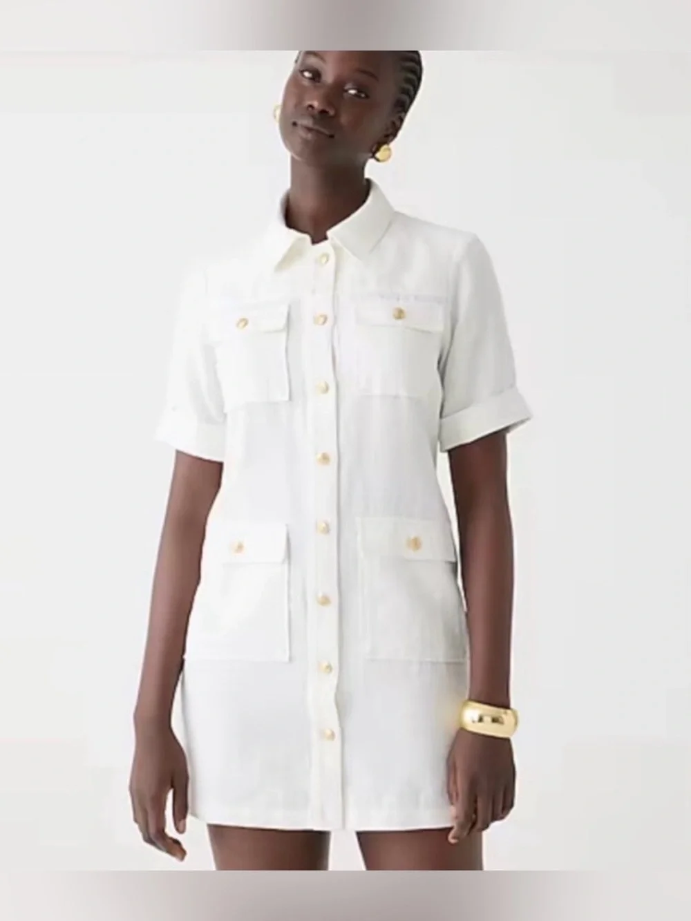 NWT J. Crew White Short-Sleeve Linen WhiteUtility Dress with Gold Buttons, Sz 10 - Picture 1 of 10